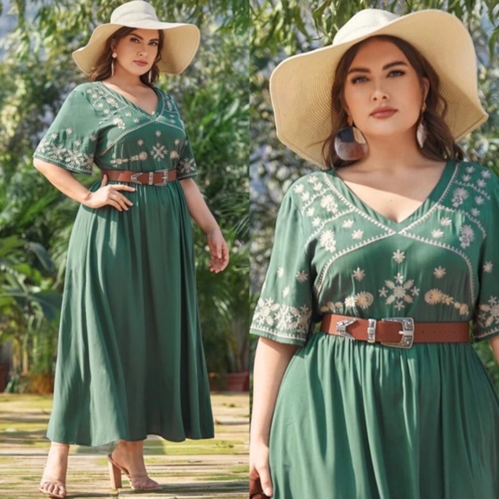 PLUS SIZE Green V neck Embroidered A-line Dress - Picture 3 of 5